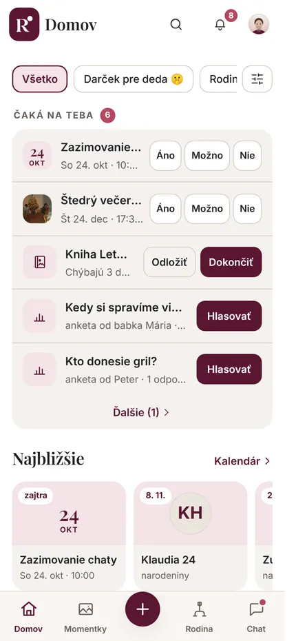 Obrazovka Domov v Rintoo: čaká na teba, najbližšie udalosti a novinky